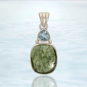 Aquamarine and raw Moldavite from Czech Republic. Handcrafted fromArcadia Design